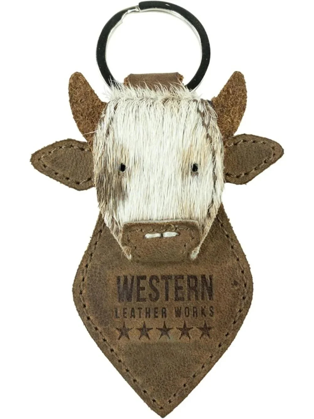 Cowboy Style Cow Head Keychain, Handmade Full Grain Leather Keyring, Furry